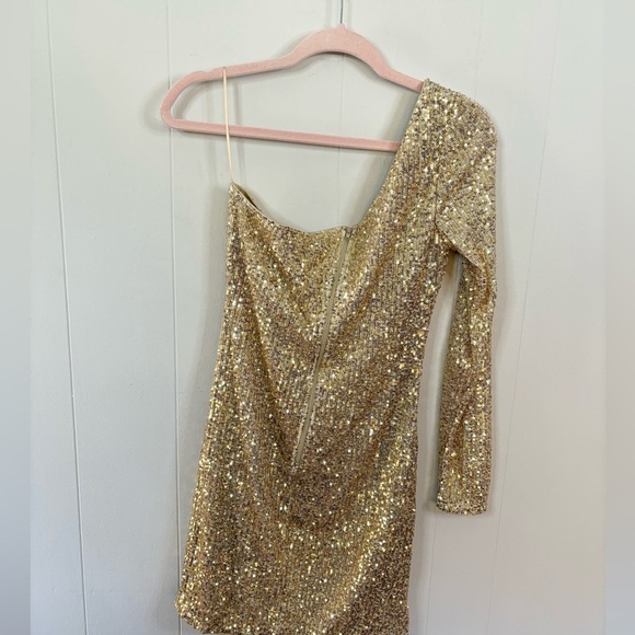 Windsor gold sequin one shoulder long sleeve mini dress cocktail event M new - Picture 7 of 7